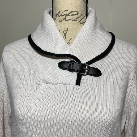 XL Chaps Ralph Lauren Knit Shawl Collar Buckle 3/4 Sleeve Pullover Sweater White - Picture 3 of 6